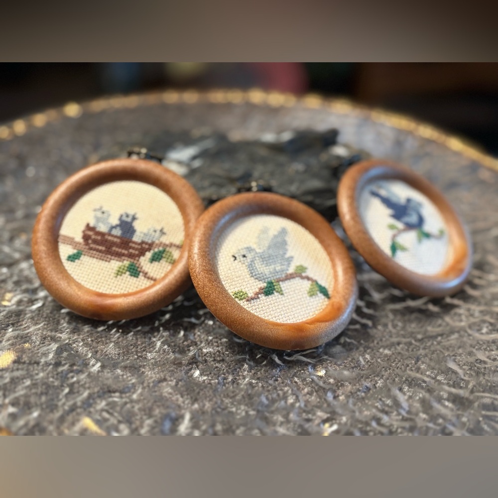 Vintage Mini Bird Embroidery Wall Art Set (3) • Wooden Hoop Frames • Folk Story - Picture 5 of 13